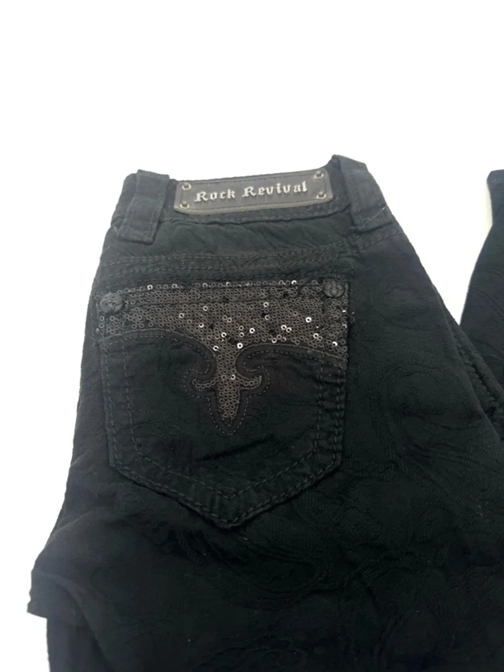 Rock Revival Black Paisley Print Size 24 Skinny Jeans Low Rise Sequin Pockets - Picture 2 of 9